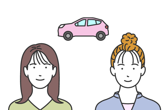 女性二人と背景に1台の車の画像